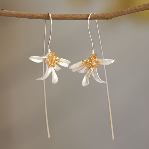 Osmanthus Fragrans Flower Earrings, Sweet Olive Earrings,Silver Flower Drop Earrings,Floral Earring,Osmanthus Fragrans Earring