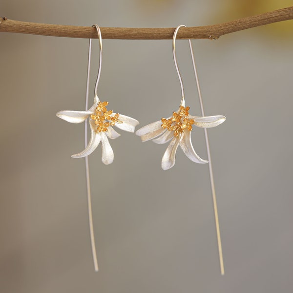Pendientes de flores de osmanto, pendientes de aceitunas dulces, pendientes colgantes de flores de plata, pendientes florales, pendientes de osmanto