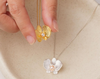 Orchid Flower Necklace with Freshwater Pearl, Dainty Floral Pendant in Gold or Silver, Romantic Jewelry Gift for Her, Bridesmaid Jewelry