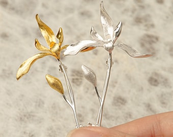 ORCHID FLOWER BROOCH,Silver Flower Lapel Pin, Flower Cardigan Clasp,Gold Orchid Sweater Clips,Elegant Orchid Jewellery, Gift For Mom