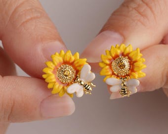 Gold Sunflower and Bee Stud Earrings, Hand Painted Enamel Floral Jewelry, Nature Lover Present, Everyday Cottagecore Gift