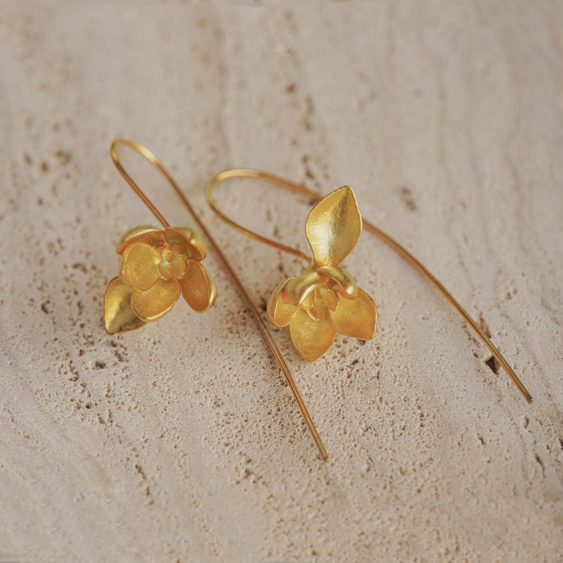 Gold Magnolia Earrings Silver Flower Drop Earrings zdjęcie 7