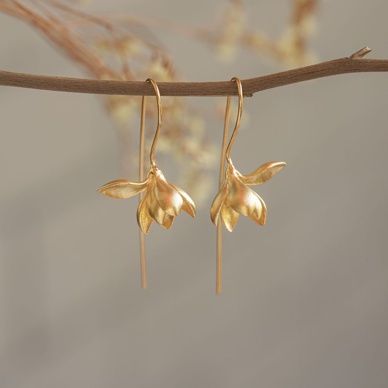 Gold Magnolia Earrings Silver Flower Drop Earrings image 1
