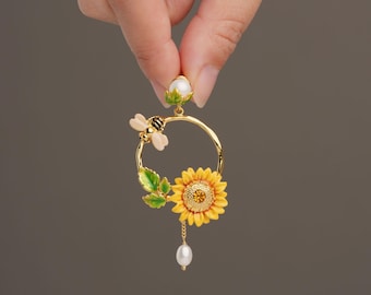 Sunflower Bee and Pearl Wreath Earrings, Enamel Floral Hoops, Bridal Garden Wedding Jewelry, Art Statement Gift