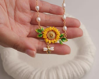 Sunflower Necklace with Pearl Chain, Gold Enamel Bee Pendant, Romantic Garden Wedding Jewelry, Victorian Inspired Gift