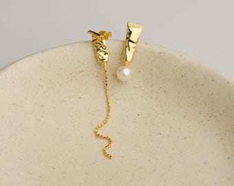 Paint Tube Earrings, Mismatched Artist Studs with Pearl & Chain, 925 Sterling Silver, Creative Gift for Art Teacher Painter