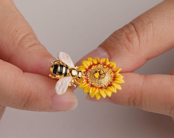 Mismatched Sunflower and Bee Stud Earrings, Hand Painted Enamel Flower Jewelry, Hypoallergenic 925 Silver Post, Summer Gift Fun Quirky Gift