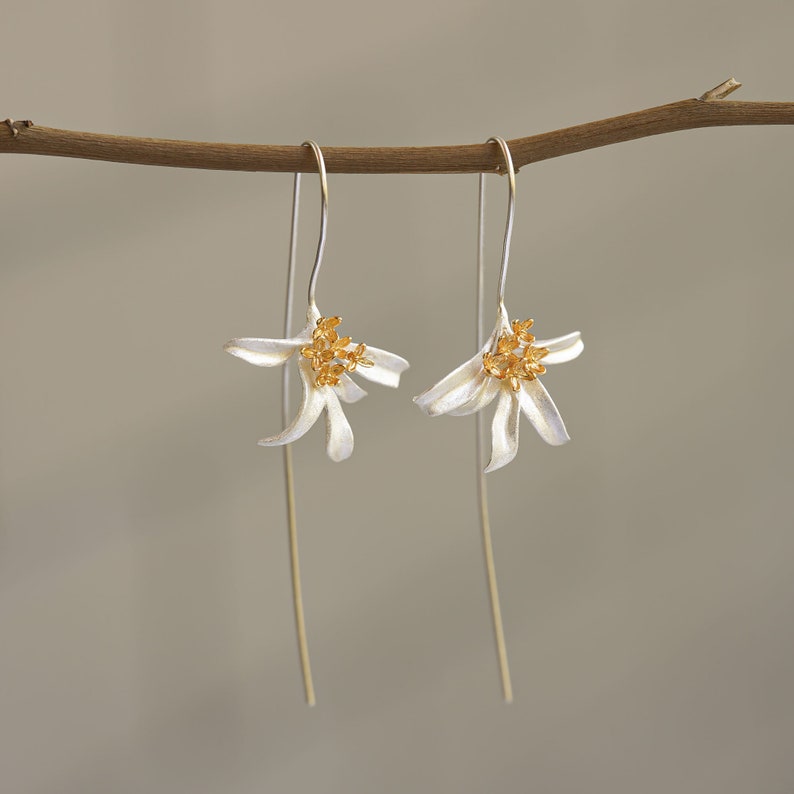 Osmanthus Fragrans Flower Earrings, Sweet Olive Earrings,Silver Flower Drop Earrings,Floral Earring,Osmanthus Fragrans Earring image 3