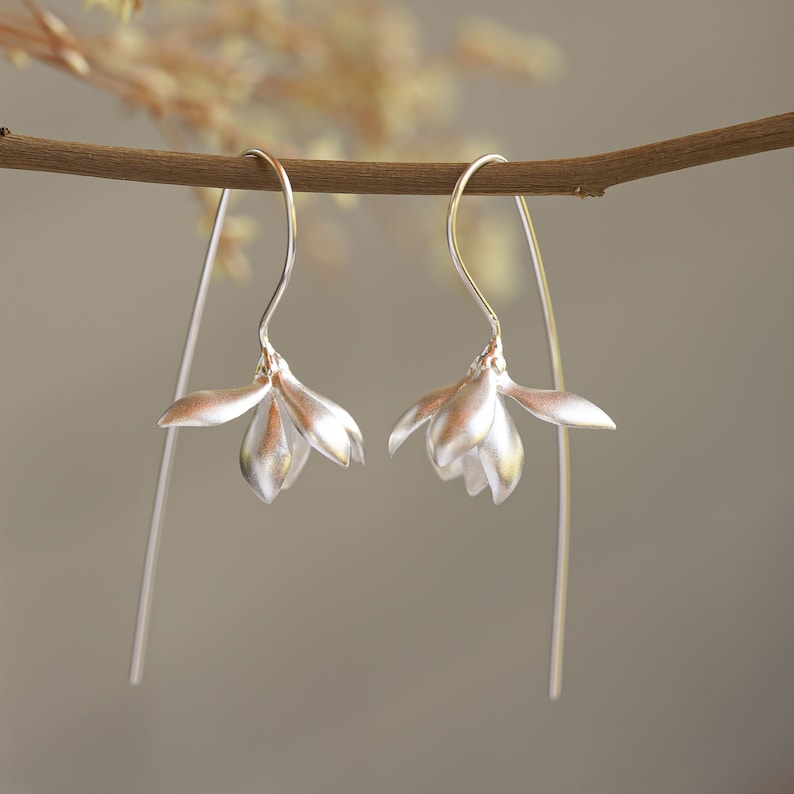 Gold Magnolia Earrings Silver Flower Drop Earrings image 2