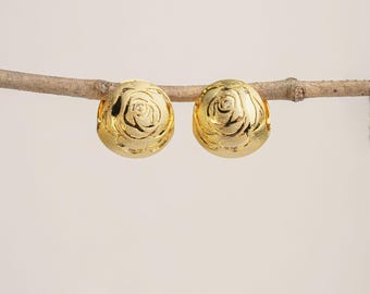 Rose Dome Earrings with Cubic Zirconia, Vintage Floral Studs with Secure Latch Back, Floral Clip Earrings Gift for Her