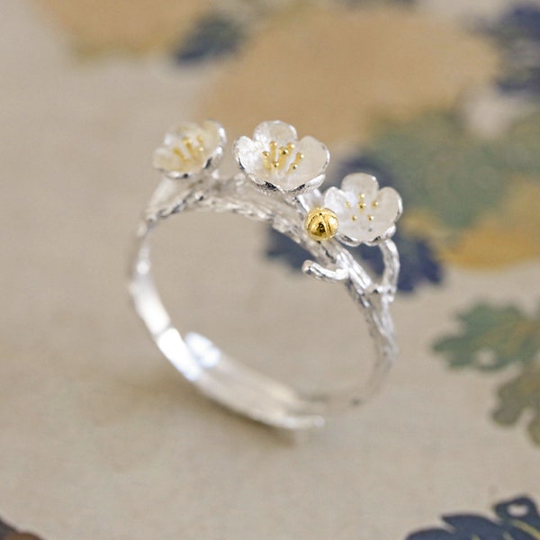 FLOWER RING Silver, Plum Blossom Jewelry,Floral Ring,Plum Blossom Flower Ring,Winter Ring,Elegant Ring Sterling Silver,Gift For Mom