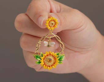 Enamel Sunflower Wreath Earrings, Bee Dangle Drop, Statement Floral Jewelry, Boho Fall Accessories, Vacation Beach Jewelry