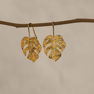 May include: Gold-tone earrings with a textured monstera leaf design. The earrings are hanging from a branch.