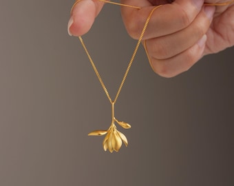 Magnolia Flower Pendant Necklace Gold & Silver, Handmade Blossom Jewelry for Nature Lovers, Botanical Gift for Women, Spring Wedding Jewelry