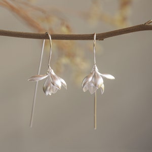 Gold Magnolia Earrings Silver Flower Drop Earrings image 9