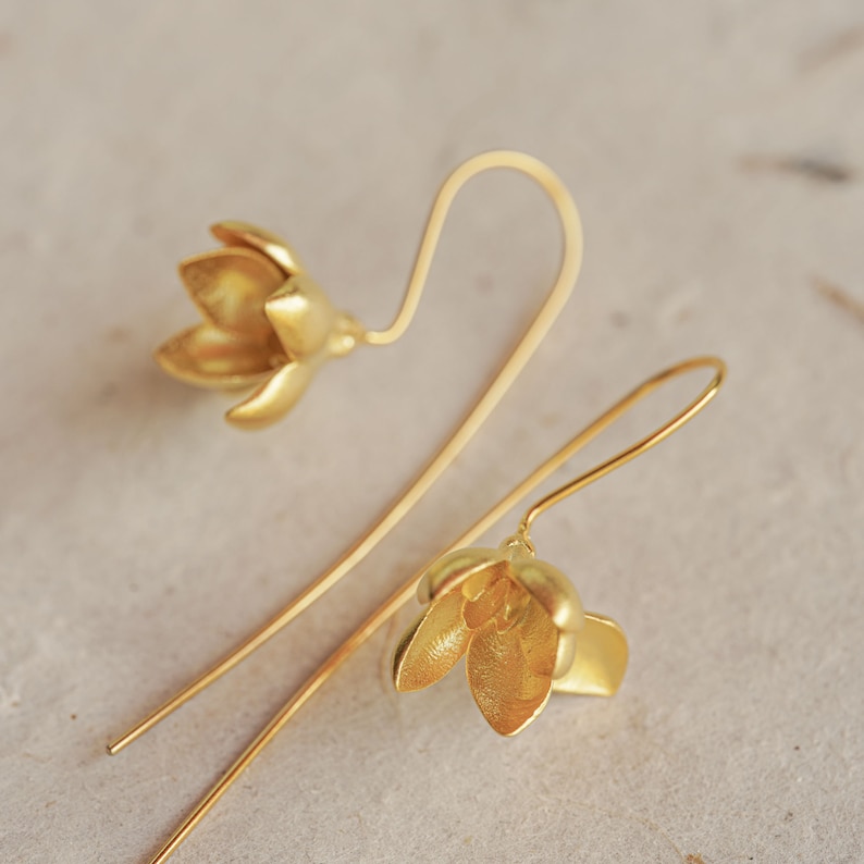 Gold Magnolia Earrings Silver Flower Drop Earrings image 3