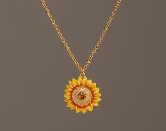 Dainty Gold Sunflower Necklace, Hand Painted Enamel Flower Pendant on Satellite Chain, Dainty Bridesmaid Gift, Spring Wedding Jewelry