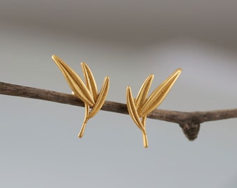 Gold Bamboo Earring, Golden Leaf Earrings, Leaf Stud Earring Silver,Plant Earring, Golden Leaf Gift for Mom