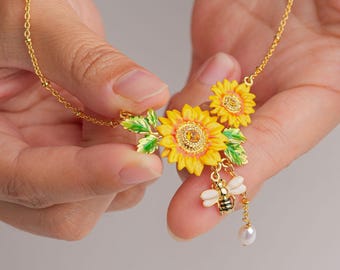 Gold Sunflower Necklace with Pearl & Bee, Hand Painted Enamel Flower Pendant, Nature Inspired Summer Jewelry, Unique Birthday Gift for Her