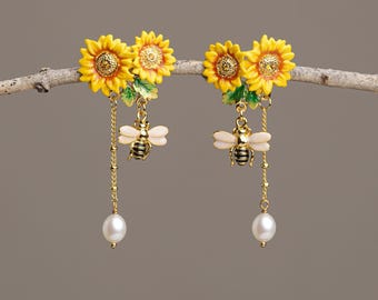 Gold Sunflower Bee and Pearl Drop Earrings, Elegant Enamel Flower Dangle, Romantic Garden Party Jewelry, 925 Silver Post Gift