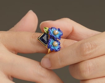 Enamel Blue Poppy Open Ring with Pearl, Art Nouveau Floral Ring with Geometric Sapphire Crystal, Adjustable Statement Jewelry Gift