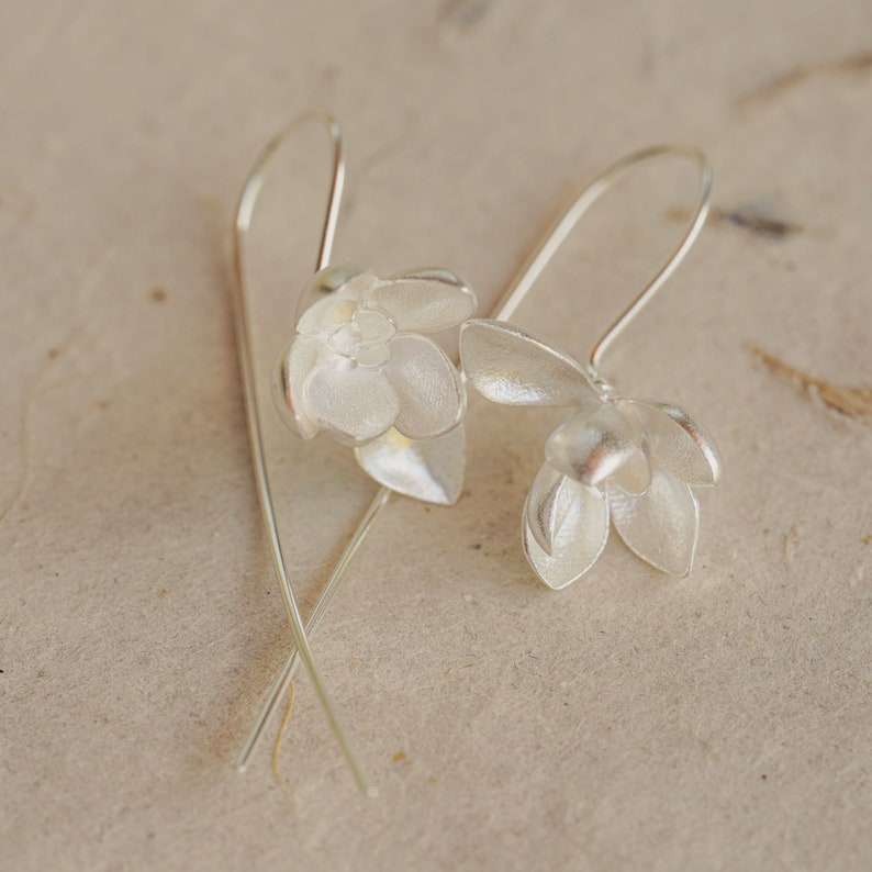 Gold Magnolia Earrings Silver Flower Drop Earrings image 6