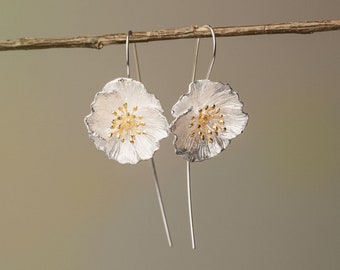 Silver Poppy Drop Earrings - Nature's Elegance for the Graceful Woman