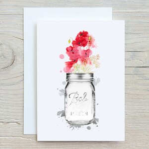 Cute floral mason Jar Card, Poppy flowers, Thank you card, note card, Birthday Card.