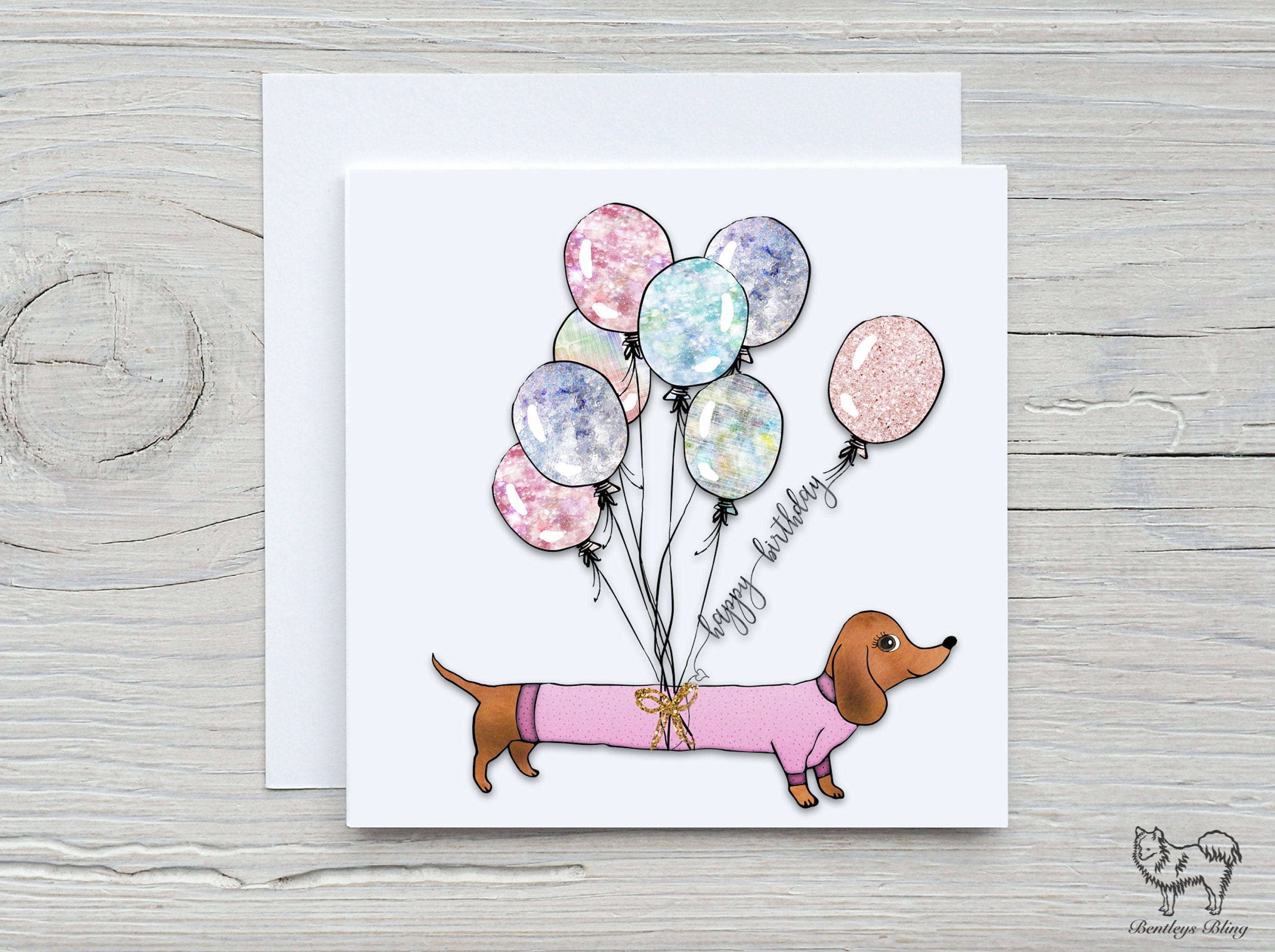 Cute Dachshund Happy Birthday Balloon Card, Sausage Dog Birthday Card ...