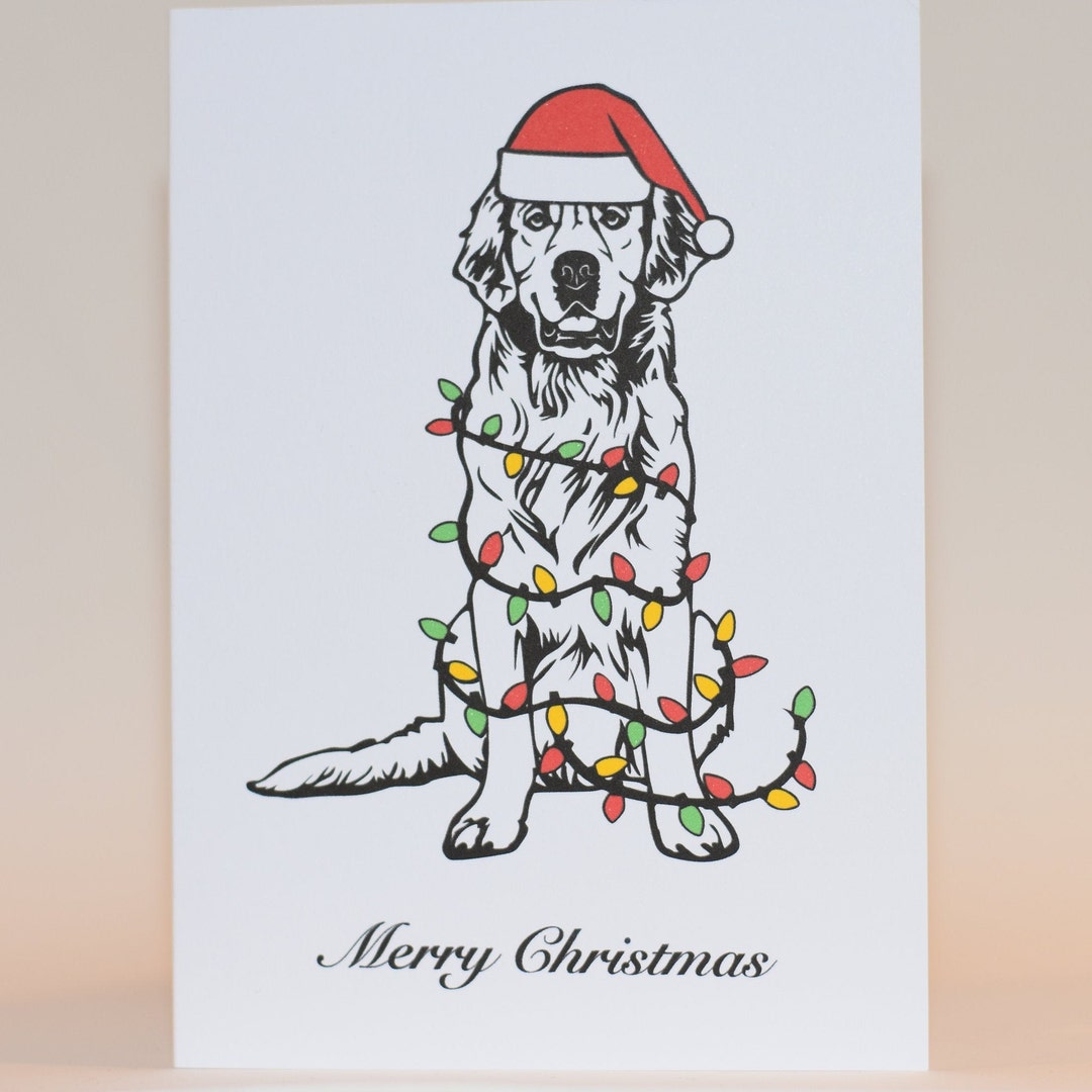 Golden Retriever Wrapped in Christmas Lights Card - Etsy