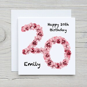 Personalised flower happy 20th birthday card.