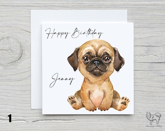 Jolie carte d'anniversaire personnalisée carlin, carte carlin, carte d'anniversaire mignon chien.