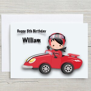 Personalised Race car Birthday card.