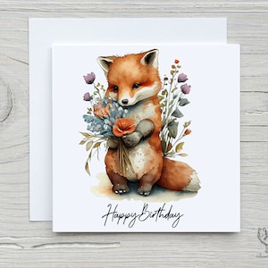 Carte d'anniversaire mignonne de renard et de coquelicots, carte de renard, carte d'anniversaire mignonne de renard.