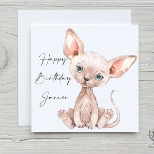 Jolie carte d'anniversaire personnalisée chat Sphynx, carte Sphynx, jolie carte d'anniversaire chat.