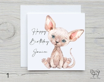 Cute Personalised Sphynx Cat Birthday Card, Sphynx Card, Cute cat birthday card.