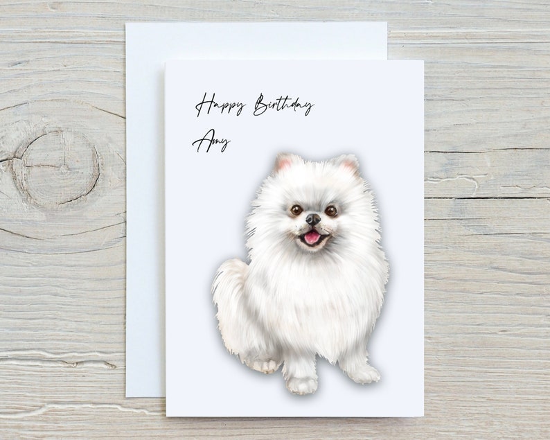 May include: A white birthday card with the text "Happy Birthday Amy" and a white fluffy Pomeranian dog illustration.