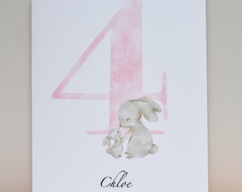 Personalised cute Bunny 4th Birthday Card