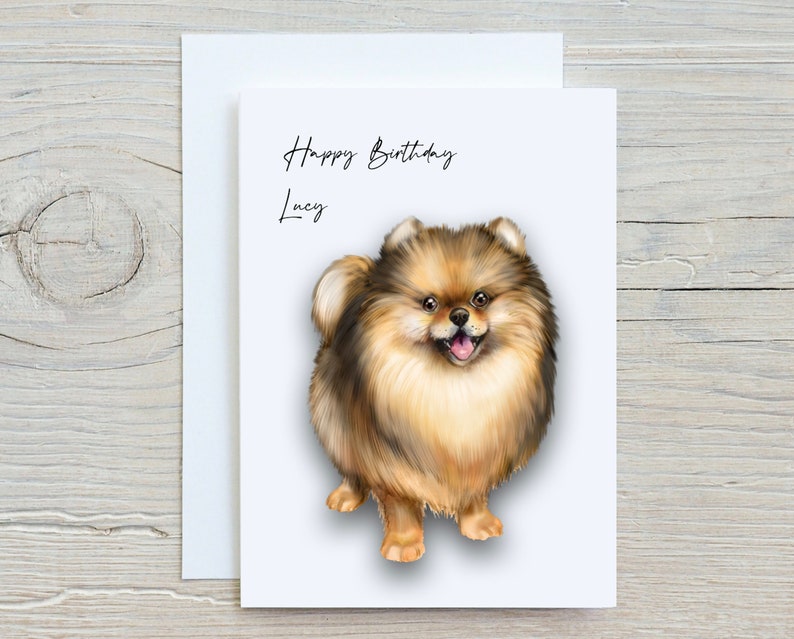 May include: A birthday card featuring a cute illustration of a brown and white Pomeranian dog with the text "Happy Birthday Lucy" on the front.