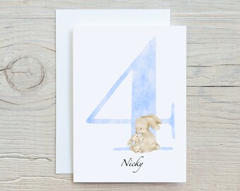 Personalised cute Bunny 4th birthday card.