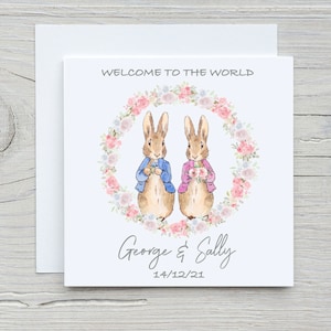 Carte d'anniversaire personnalisée Peter Rabbit Bienvenue dans le monde des jumeaux, lapin. Jolie carte pour jumeaux, fils et fille, neveu, nièce.