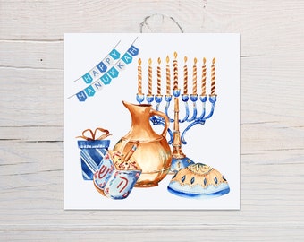 Happy Hanukkah Card, Menorah Design, watercolour.