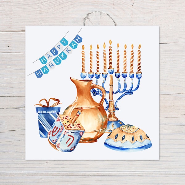 Happy Hanukkah Card, Menorah Design, watercolour.