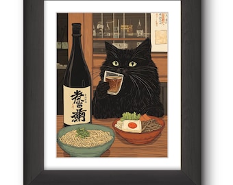 Black Cat Eating Sushi at Japanese Noodle Shop Art Print, Sleek Retro ...