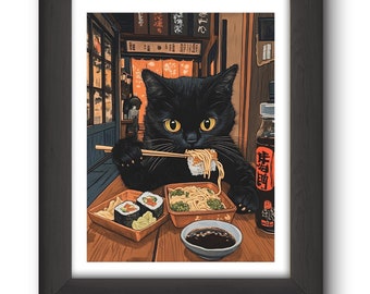 Black Cat Sushi Art Print: Retro Japanese Noodle Shop Wall Decor
