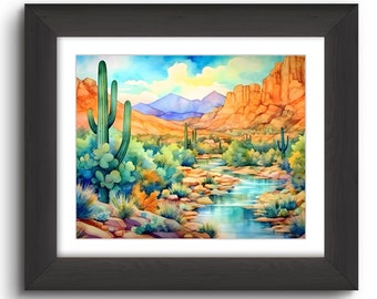 Arizona Monsoon Watercolor Art Print: Saguaro Cactus Landscape
