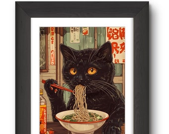 Black Cat Eating Noodles Art Print: Retro Japanese Noodle Shop (8.5x11)