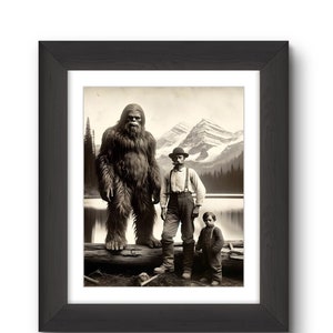Sasquatch Bigfoot Photo With Logger and Child Mountains Art Print, Big Foot Creature Cryptozoology Illustration 8X10 Cryptid Wall Art Décor