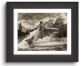 Cowboy Riding Giant Trout Photo: Grand Tetons, Wyoming, Old West Art Print (8.5x11)