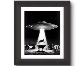 Cow Abduction UFO Giclée Print: Nebraska Dairy, 1974 Photo Style, 8x10 Wall Art